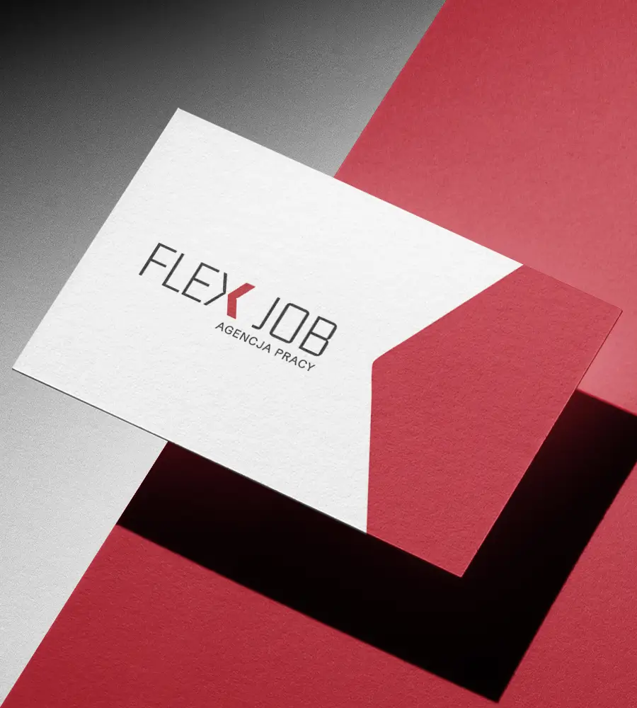 Projekt logotypu dla agencji pracy - wizualizacja na wizytówce drukowanej.