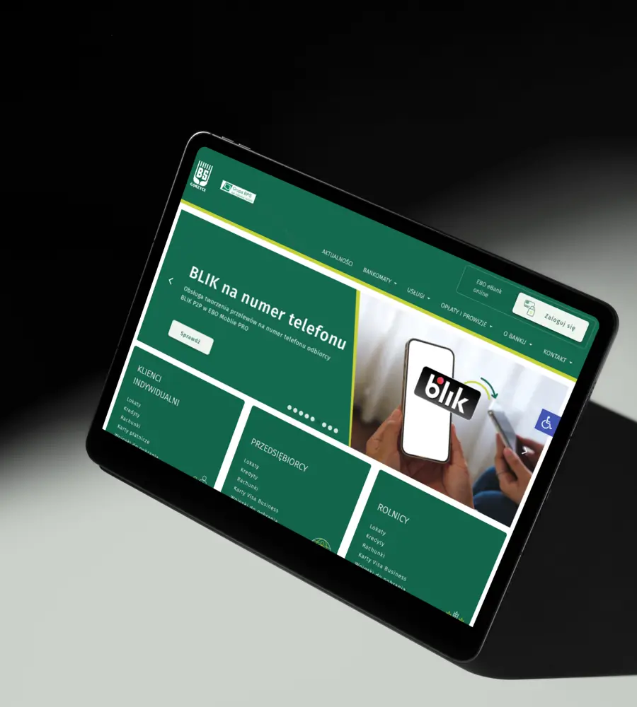 Strona internetowa dla banku spółdzielczego w Gorzycach - wizualizacja na urządzeniu mobilnym (tablecie).