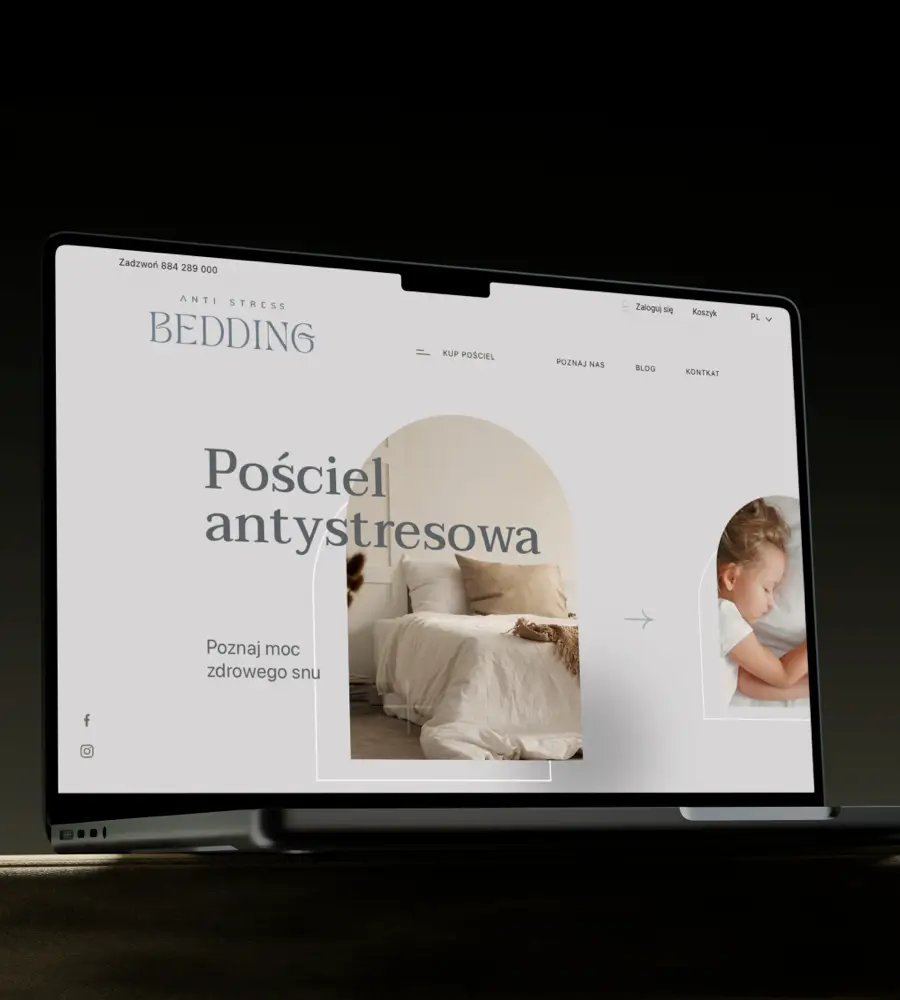 Projekt graficzny strony Anti Stress Bedding - wizualizacja na laptopie